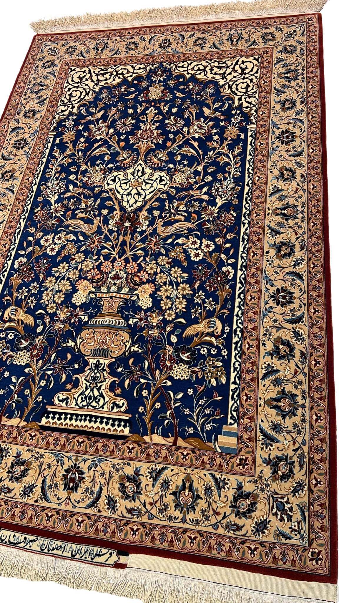 "Luxurious Seirafian Isfahan rug by Master Mohammad Ali, featuring traditional Persian floral motifs in wool and silk."